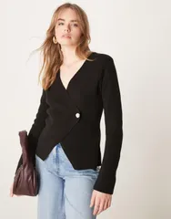エイソス レディース アウター カーディガン アシンメトリー ニット ASOS DESIGN asymmetricompact knit cardigan with large button Blacのサムネイル