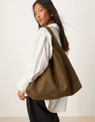 エイソス レディース バッグ トートバッグ スエード ASOS DESIGN Faux Suede scoop tote bag Khaki カーキのサムネイル