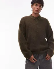 トップマン メンズ トップス ポロシャツ オーバーサイズフィット シャツ ニット Topman oversized fit knit polo shirt Khaki カーキのサムネイル