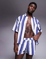 ASOS Men's Swimwear Half Pants/Shorts ASOS DESIGN swim shorts in short length stripe part of a set BLUE