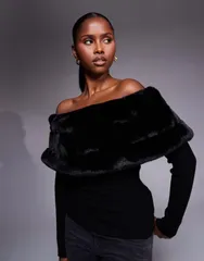 リバーアイランド レディース アウター ニット・セーター River Island faux fur trim off the shoulder sweater Black ブラック