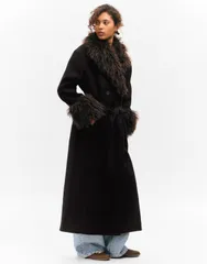 モンキ レディース アウター コート ウール マキシ Monki woolook belted maxi coat with faux fur collar and cuffs detailing aのサムネイル