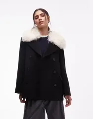 アンドアザーストーリーズ レディース アウター コート ウール Other Stories wool blend short double breasted coat with flap welt pockets and faux fur collar Bla