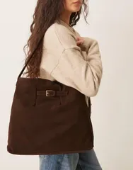 エイソス レディース バッグ スエード ASOS DESIGN suede buckle detail tote bag in chocolate チョコレートのサムネイル