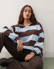 コルージョン レディース トップス Tシャツ COLLUSION striped rugby top in boxy fit blue stripe BLUE BROWN STRIPE ブルー