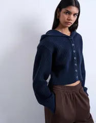 トップショップ レディース アウター カーディガン ニット パーカー Topshop knit button through shoulder pad hoodie Navy ネイビーのサムネイル