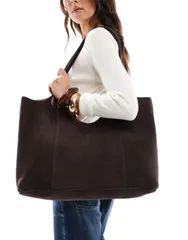 エイソス レディース バッグ スエード ASOS DESIGN premium suede bonded scoop tote bag in chocolate チョコレートのサムネイル
