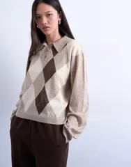 トップショップ レディース トップス ポロシャツ ニット Topshop knit fine argyle polo shirt in oat