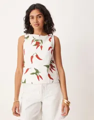 エイソス レディース トップス タンクトップリント デニム ASOS DESIGN denim tank top with slash neck in chili print in ecru Creaのサムネイル