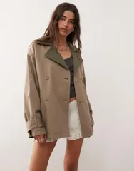 モンキ レディース アウター ジャケット・ブルゾン コントラスト コート Monki reversible short trench coat with contrast brown collar iのサムネイル