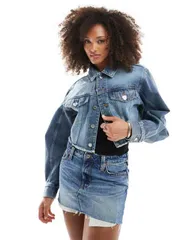 モンキ レディース アウター ジャケット・ブルゾン クロップド デニム ジャケット Monki cropped raw hem denim jacket in mid blue wash Blue ブのサムネイル