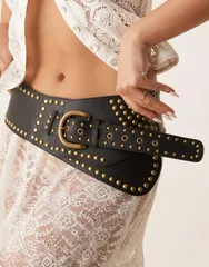 エイソス レディース アクセサリー ベルト ASOS DESIGN lowaist wide belt with studs Black ブラックのサムネイル