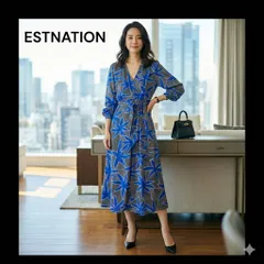 ESTNATION エストネーション シルク100% ボタニカル柄 ロング ガウン ワンピース カシュクール ブルー フリー 6F037