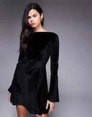 エイソス レディース トップス ワンピース オープンバック ミニワンピース ミニ ベルベット ASOS DESIGN velvet fluted sleeve slash neck mini dress with open back detail Black