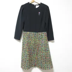 美品 Chesty チェスティ フラワービジュー 長袖 ひざ丈 フレア ツイードドッキング ワンピース 1 ブラック×マルチカラー レディース 古着 中古 USED