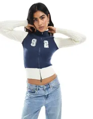 デイジーストリート レディース アウター カーディガン ハイネック Daisy Street zip up high neck fitted cardigan in cream and Cream navy クリーム