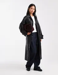 エイソス レディース アウター ジャケット・ブルゾン コントラスト コート レザー ASOS DESIGN longline leather look trench coat with contrast pockets Black ブラック