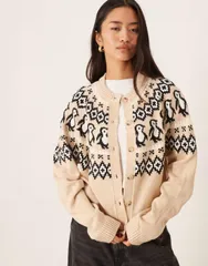 エイソス レディース アウター カーディガン ASOS DESIGN penguin detail yoke cardigan Taupe トープのサムネイル