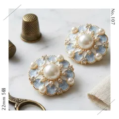 【No.107】パール 水色 エナメル アンティーク調 ボタン 22.5mm 5個 ゴールド