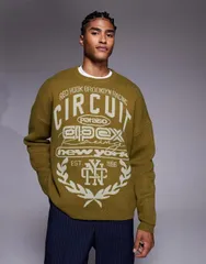 エイソス メンズ アウター ニット・セーター セーター ニット ASOS DESIGN super oversized knit sweater with motocross text Khaki カのサムネイル