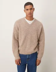エイソス メンズ アウター ニット・セーター Vネック ウール セーター ニット ASOS DESIGN oversized knit vneck wool blend sweater BEIGE ベのサムネイル