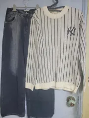 ストライプニット+デニムセット