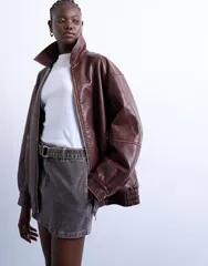 トップショップ レディース アウター ジャケット・ブルゾン コントラスト レザー フェイクレザー ジャケット Topshop faux leather contrast heavy wash bombのサムネイル