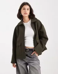 エイソス レディース アウター コート スタンドネック ジャケット ASOS DESIGN funnel neck pocket detail jacket khaki カーキのサムネイル