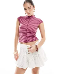 モンキ レディース トップス Tシャツ スリムフィット リブ シャツ シアー Monki sheer slim fit ribbed Tshirt stripe Burgundy バーガンディのサムネイル