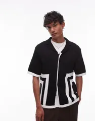 トップマン メンズ トップス ポロシャツ リラックスフィット シャツ ニット Topman relaxed fit knit shirt with border design Black ブラックのサムネイル
