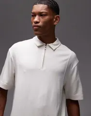 トップマン メンズ トップス ポロシャツ オーバーサイズフィット Topman premium oversized fit polo with zip placket in ecru ECRU エクリのサムネイル