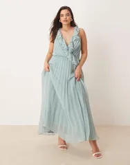 エイソス レディース トップス ワンピース ミディワンピース プリーツ ミディ ASOS Curve ASOS DESIGN Curve frill wrap detail pleated midi dress in sage SAGE GREEN グリーン