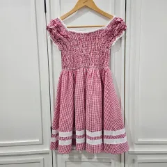 Ank Rouge (アンクルージュ) レッド ギンガムチェック シャーリング オフショルダー ONE PIECE