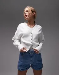 トップショップ レディース アウター カーディガン Vネック ニット Topshop knit Vneck compact fitted waist cardigan IVORY アイボリーのサムネイル