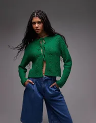 トップショップ レディース アウター カーディガン ニット Topshop knit pointelle tie cardigan GREEN グリーンのサムネイル