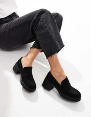 エイソス レディース シューズ スリッポン・ローファー ローファー ヒール ASOS DESIGN Wide Fit Scribble chunky mid heeled loafers Blackのサムネイル
