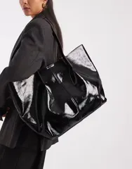 エイソス レディース バッグ ASOS DESIGN oversized patentote with zippered pouch Black ブラックのサムネイル