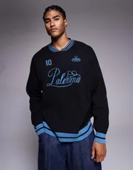 エイソス メンズ アウター ニット・セーター Vネック プリント ASOS DESIGN oversized knit high vneck sweater with Vadella sports pのサムネイル
