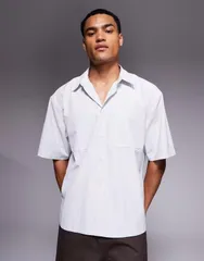 エイソス メンズ トップス シャツ ASOS DESIGN regular camp collar shirt in light blue stripes LIGHT BLUE ブルー