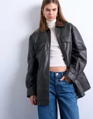 トップショップ レディース アウター ジャケット・ブルゾン ウエストマーク コーデュロイ コントラスト Topshop cinched waist PU jacket with contrast coのサムネイル