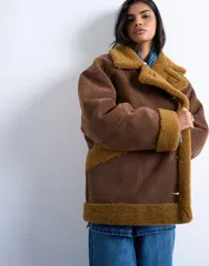 トップショップ レディース アウター コート Topshop faux shearling oversized car coat brown carmel ブラウンのサムネイル