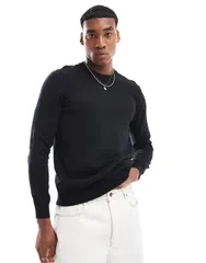 エイソス メンズ アウター ニット・セーター クルーネック Tシャツ ニット ASOS DESIGN relaxed long sleeve knit crew neck Tshirt Black ブのサムネイル