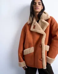 トップショップ レディース アウター コート Topshop faux shearling oversized car coat in tan and cream Tan cream クリームのサムネイル