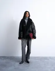 トップショップ レディース アウター コート Topshop faux shearling oversized car coat blackブラック