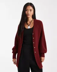 エイソス レディース アウター カーディガン Vネック ASOS DESIGN v neck longline cardigan with waist detail in fluffy yarn Burgundy バーガンディ