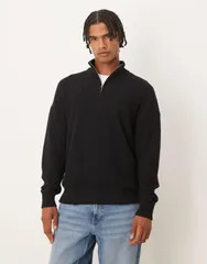 エイソス メンズ アウター ニット・セーター スタンドネック セーター ニット ASOS DESIGN relaxed knit pique funnel neck sweater Black ブラッのサムネイル