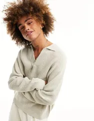 エイソス メンズ アウター ニット・セーター リブ ASOS DESIGN oversized knit fisherman ribbed notch neck sweater in stone ストのサムネイル