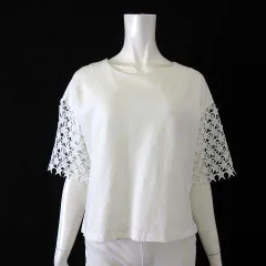 リアルキューブ Real Cu de REAL CUBE カットソー トップス 星 スター レース エンブロイダリー 異素材 切替 コットン ストレッチ 5分袖 半袖 M オフ白