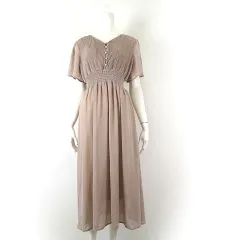 ナチュラルクチュール natural couture フレアスリーブ お上品 ワンピース ロング マキシ プリーツ パールボタン 落ち感 半袖 F ピンクベージュ