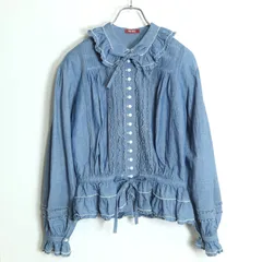 ピンクハウス★フリルいっぱい♪ダンガリーブラウス 青系 前開き ピコレース♪薄手 無地 z19072